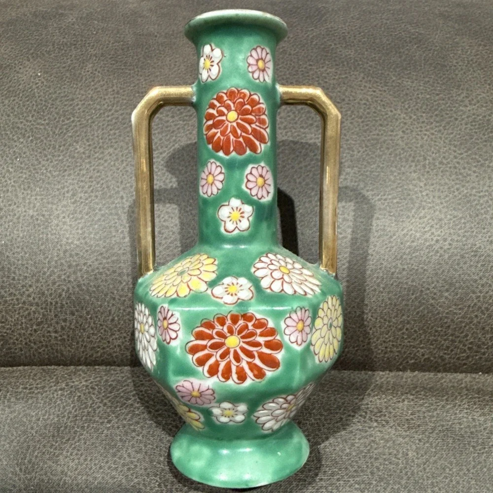 Vintage Miniature Hexagon Green Floral Double Handle Vase Made in Japan